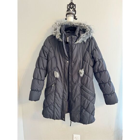 American Rag Woman's L Jacket Parka Removable Fur Trimmed Hood Gray Puffer - Picture 7 of 9